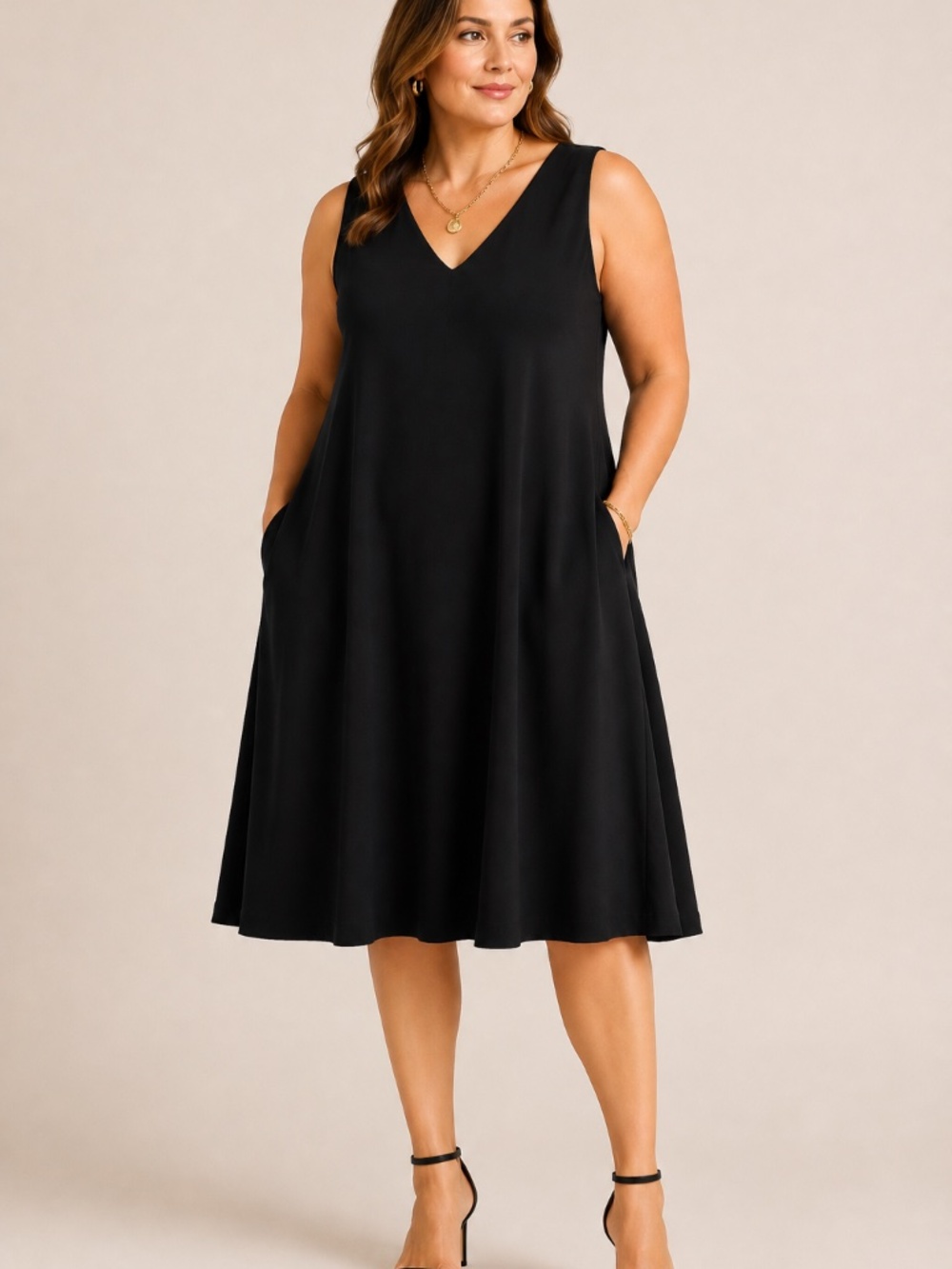 Lauren Ralph Lauren Dress Black V-Neck A-Line Sleeveless Pockets  Size 18W